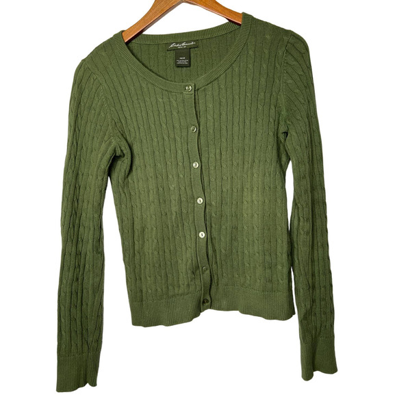 Eddie Bauer XS Classic Cable Knit COTTON Cardigan Sweater Long Sleeve Green - Picture 2 of 4
